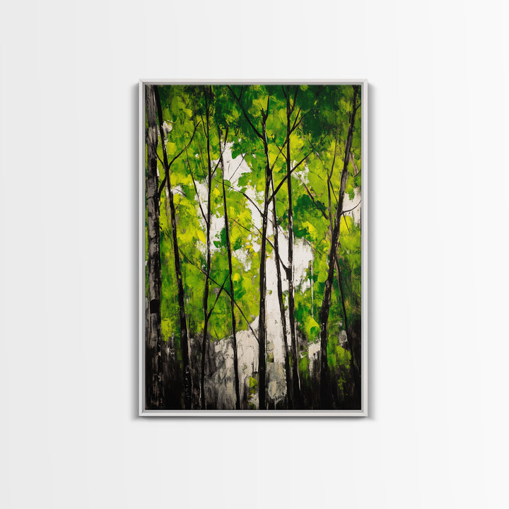 Birch Trees, Green Forest Art, Nature Landscape, Abstract Painting, Contemporary Wall Decor, Earthy Home Art, Framed Canvas Print