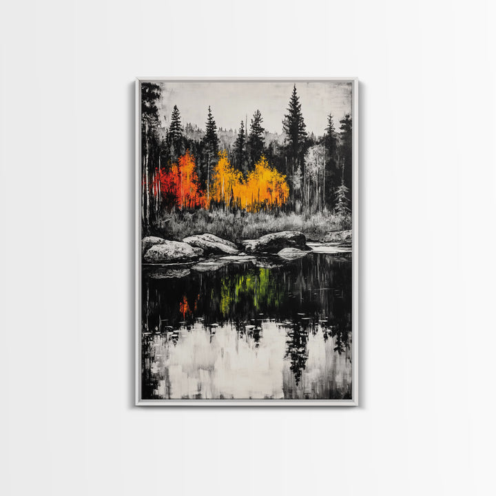 Autumn Reflection, Fall Forest Art, Lake Landscape, Vibrant Trees, Seasonal Painting, Warm Home Decor, Canvas Print