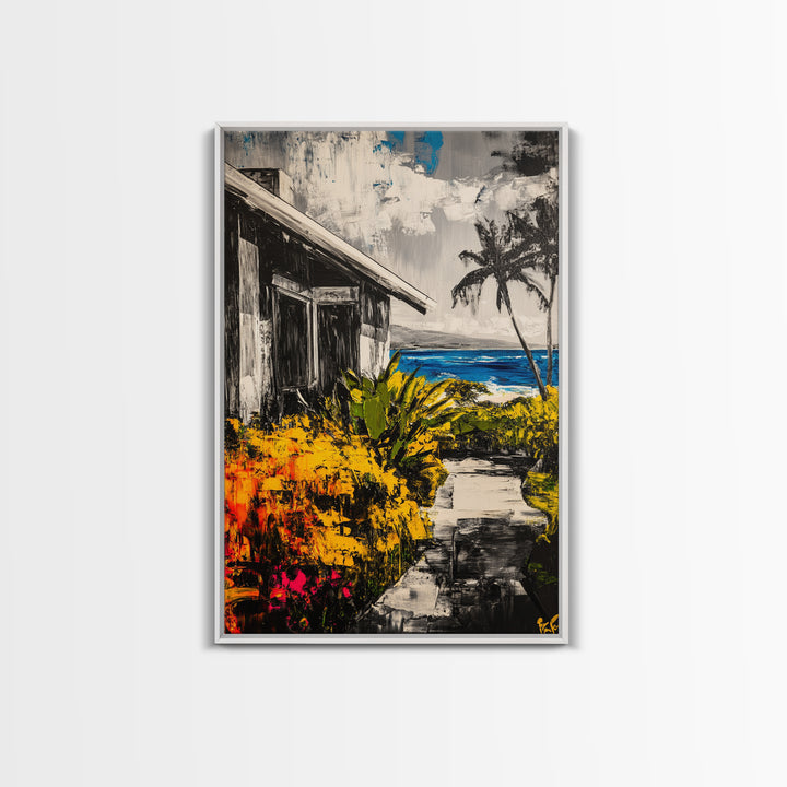 Beach House Path, Black White Coastal Art, Yellow Green Foliage, Tropical Landscape, Ocean Wall Decor, Beach Home, Framed Canvas Print