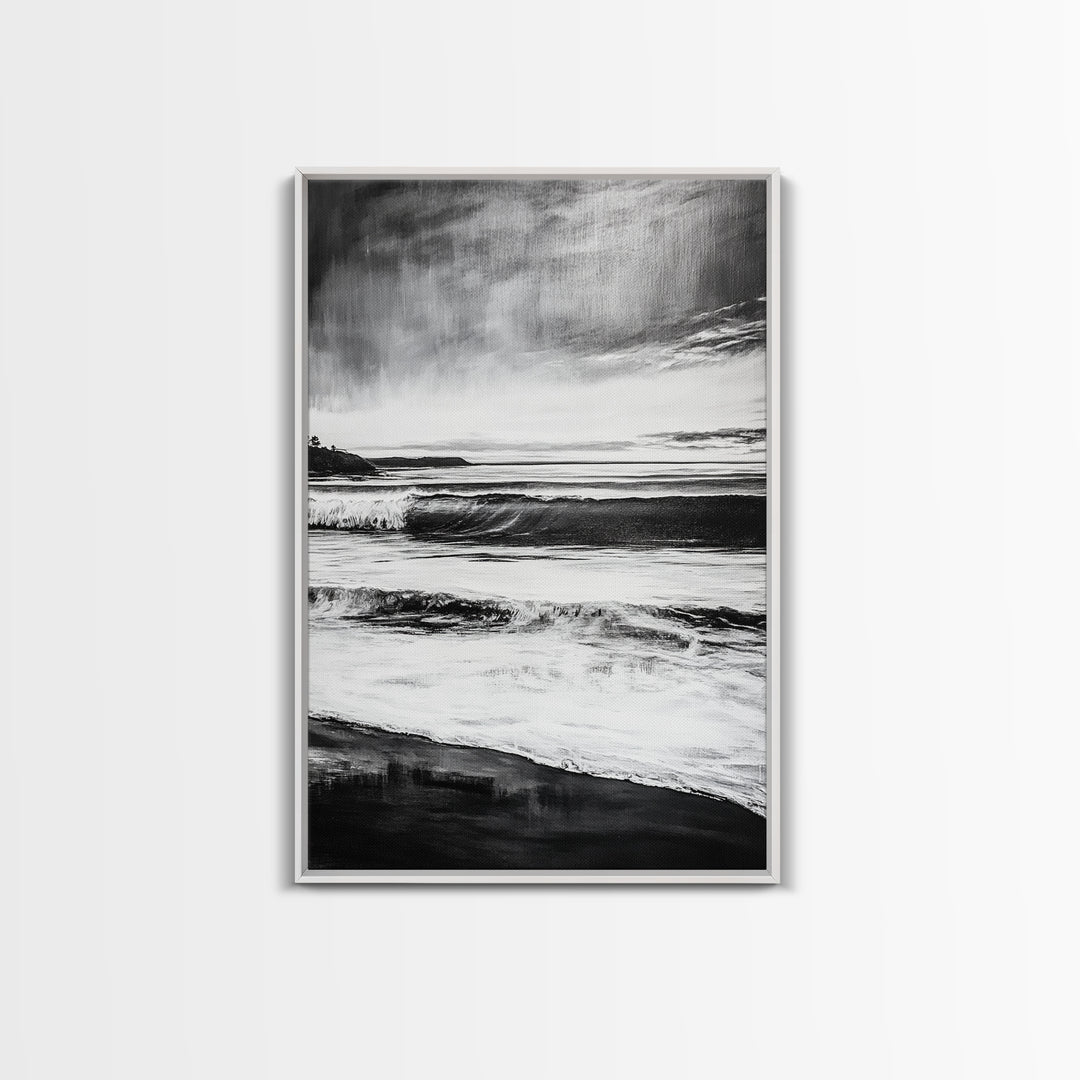 Black and White Waves, Ocean Painting, Dramatic Coastline, Minimalist Art, Framed Canvas Print, Modern Seascape, Contemporary Wall Art