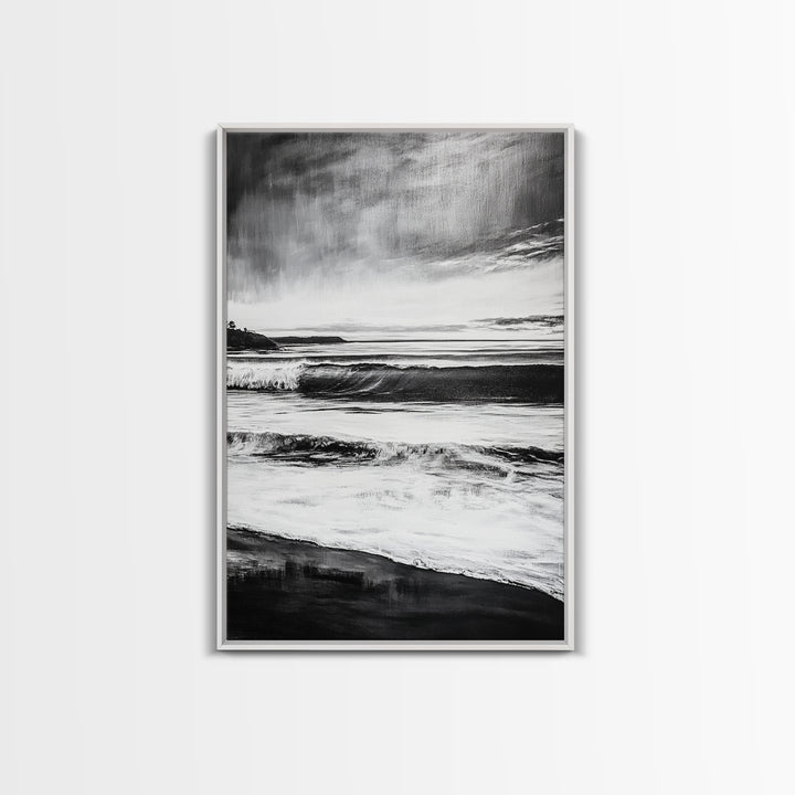 Black and White Waves, Ocean Painting, Dramatic Coastline, Minimalist Art, Framed Canvas Print, Modern Seascape, Contemporary Wall Art