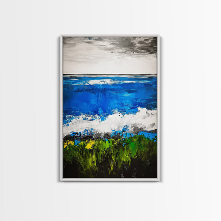 Abstract Ocean View, Blue Green Black White, Coastal Wall Art, Modern Beach Home Decor, Bold Statement Painting, Office Art, Canvas Print