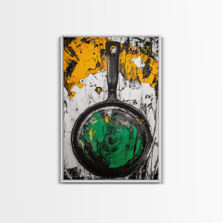 Abstract Frying Pan, Rustic Kitchen Art, Modern Industrial Wall Decor, Black Yellow Green Art, Unique Foodie Gift, Canvas Print