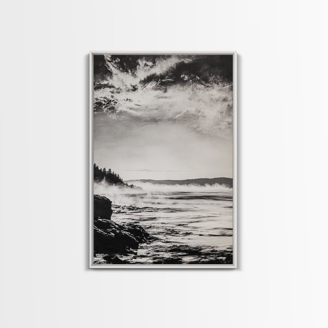 Coastal Mist, Moody Seascape, Black and White Ocean, Nautical Wall Art, Minimalist Decor, Living Room Art, Canvas Print, Gift Idea