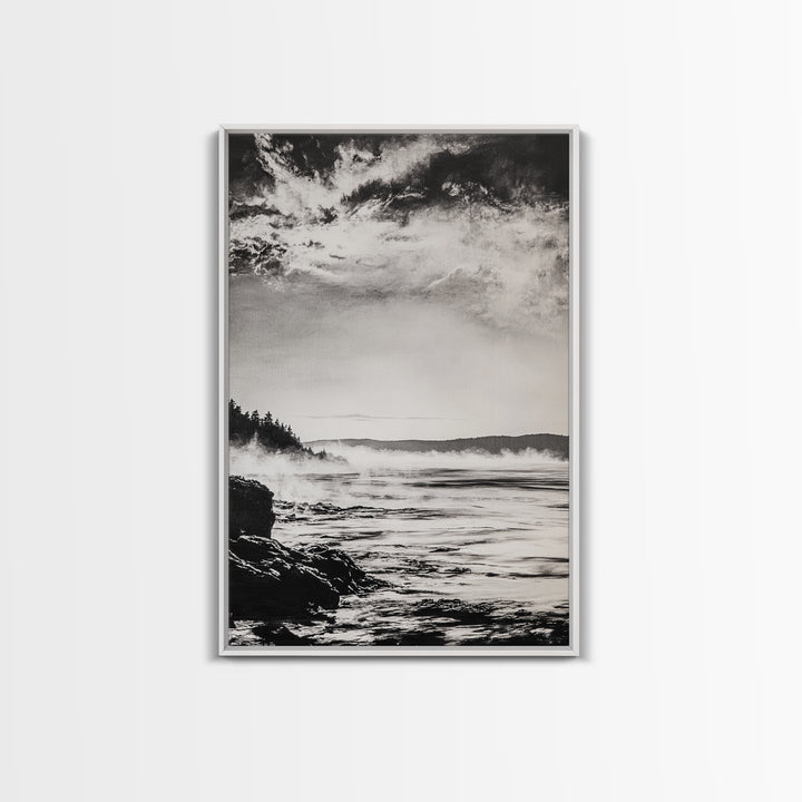 Coastal Mist, Moody Seascape, Black and White Ocean, Nautical Wall Art, Minimalist Decor, Living Room Art, Canvas Print, Gift Idea