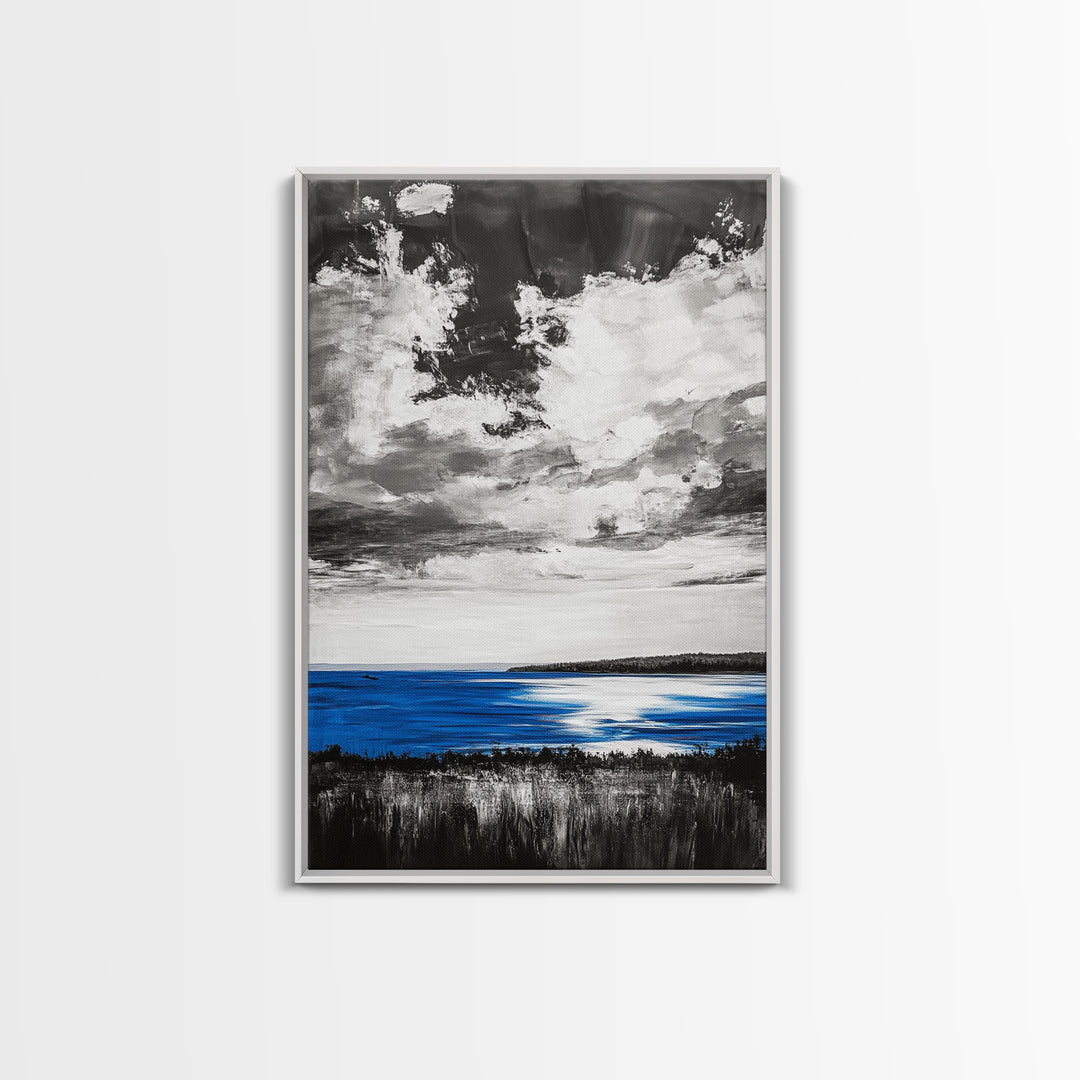 Blue Horizon, Ocean Landscape, Coastal Wall Art, Black and White Sky, Beach House Decor, Modern Art, Framed Canvas Print, Tranquil Design