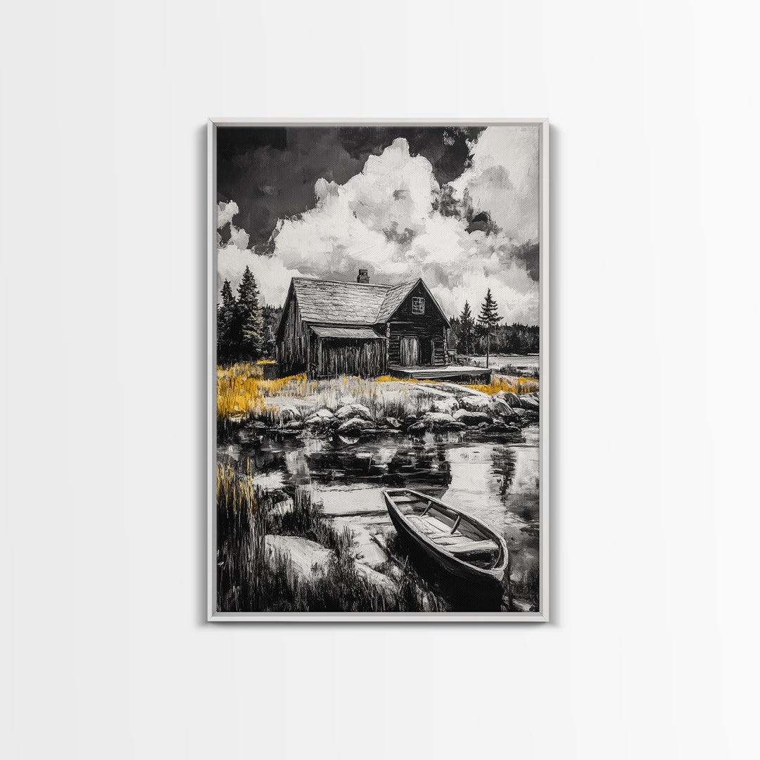 Cabin Reflection, Rustic Home Art, Log House Painting, Tranquil Lake, Country Home Wall Decor, Framed Canvas Print, Nature Lover Gift