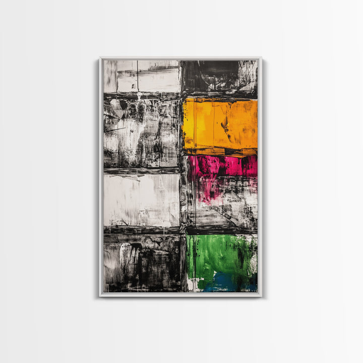 Abstract Modern Art, Black White Geometric, Yellow Red Green Blocks, Minimalist Wall Decor, Office Art, Mid Century Style, Canvas Print
