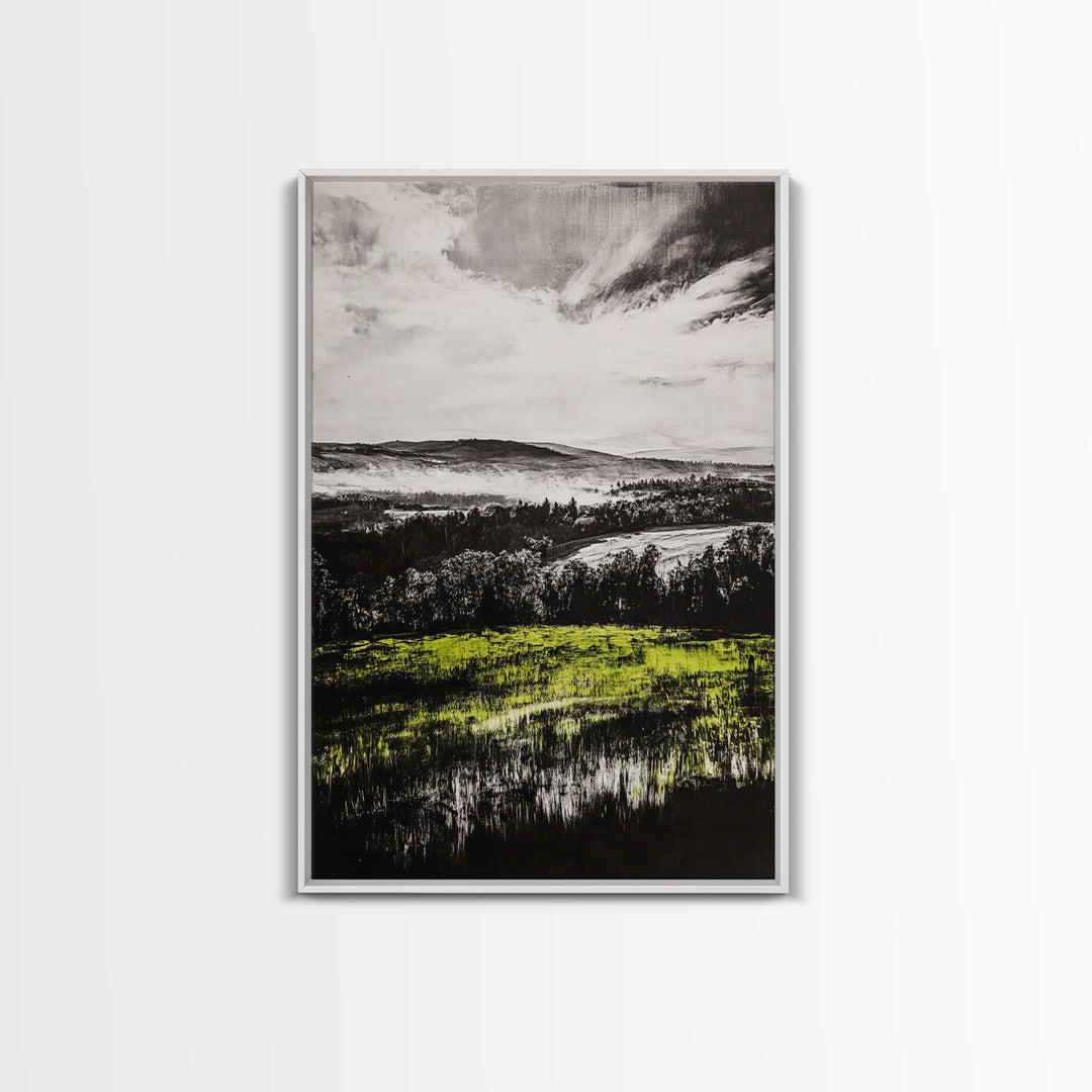 Rolling Hills, Nature Landscape, Canvas Print, Black White Green Art, Farmhouse Decor, Rustic Wall Art, Bedroom Decor, Fall Home Art