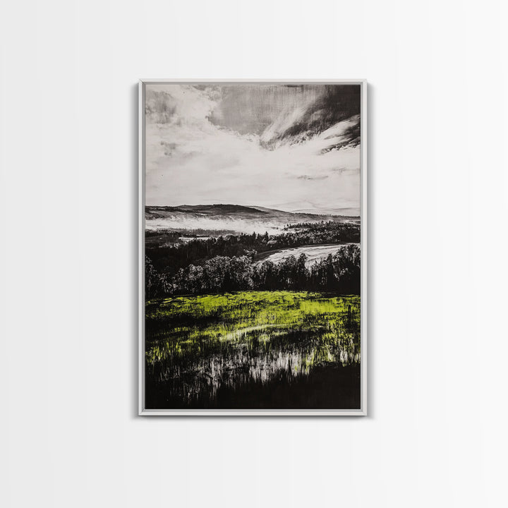 Rolling Hills, Nature Landscape, Canvas Print, Black White Green Art, Farmhouse Decor, Rustic Wall Art, Bedroom Decor, Fall Home Art
