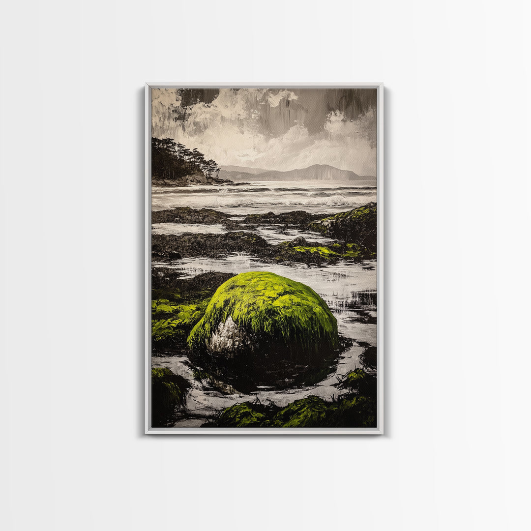 Coastal Rocks, Mossy Shore, Framed Canvas Print, Ocean Landscape, Beach House Wall Art, Nautical Decor, Green Nature, Relaxing Art