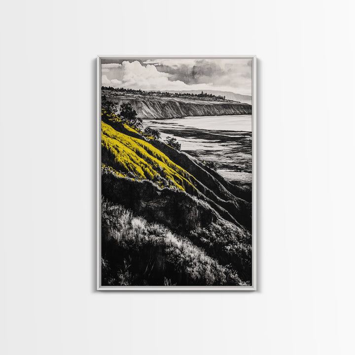 Cliffs, Ocean View, Framed Canvas Print, Coastal Landscape, Beach House Decor, Nature Wall Art, Black White Yellow Art, Scenic View