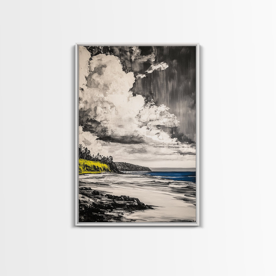 Cliffside View, Ocean Horizon, Cloudy Sky, Framed Canvas Print, Beach House Decor, Monochrome Wall Art, Relaxing Scenery