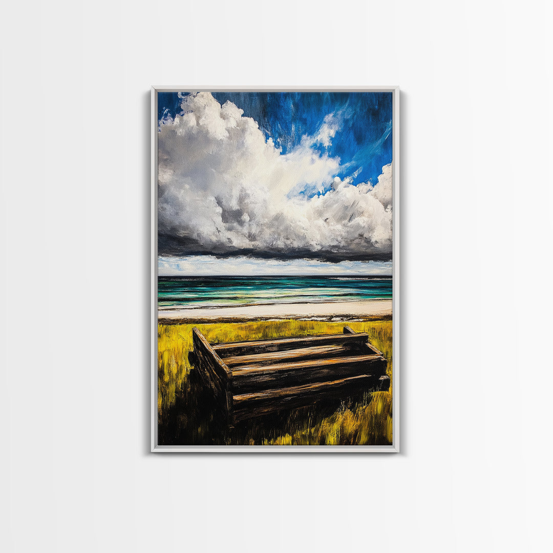 Ocean Bench, Coastal Landscape Art, Beach House Wall Decor, Relaxing Seaside Scene, Serene Water View, Framed Canvas Print