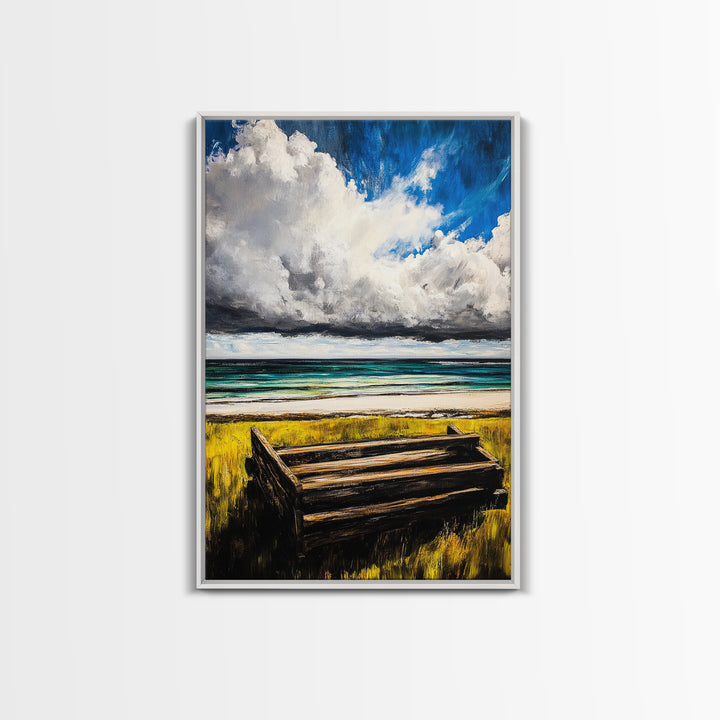 Ocean Bench, Coastal Landscape Art, Beach House Wall Decor, Relaxing Seaside Scene, Serene Water View, Framed Canvas Print