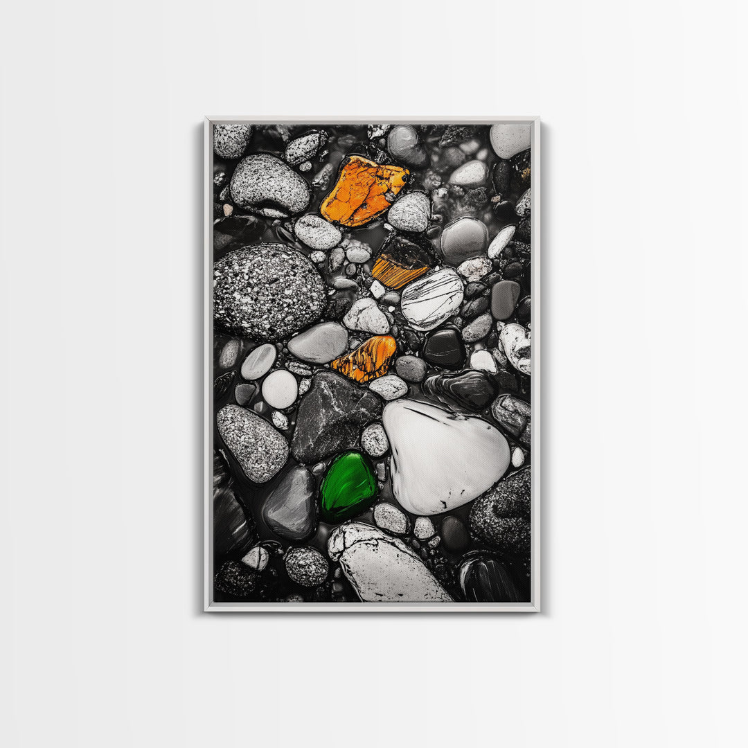 River Pebbles, nature-inspired art, stone texture decor, minimal wall art, earthy tones painting, framed canvas print, bathroom decor