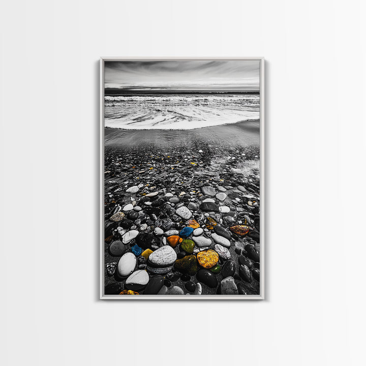 Ocean Pebbles Shoreline, coastal home decor, beach stone art, nautical wall print, calming wave painting, framed canvas print, bedroom art