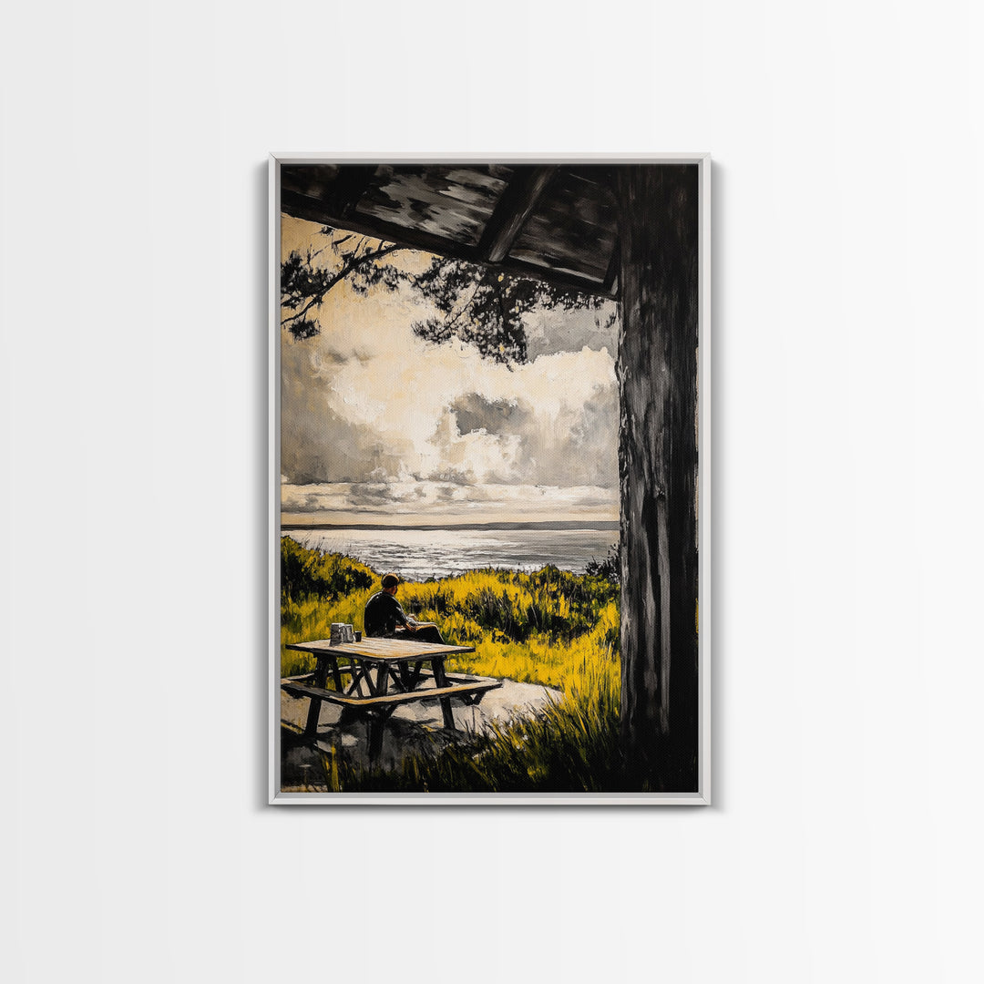 Ocean View Picnic, relaxing landscape painting, coastal art, peaceful nature scene, countryside decor, framed canvas print, living room