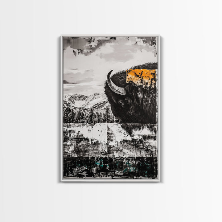 Buffalo Portrait, Western Art, Rustic Cabin Wall Decor, Wildlife Art, Black and White Animal Painting, Nature Scene, Canvas Print