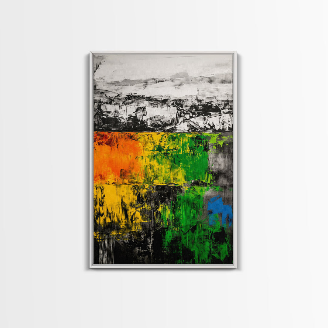 Bold Earthy Abstract, Green Yellow Orange, Framed Canvas Print, Rustic Wall Art, Living Room Decor, Textured Home Accent