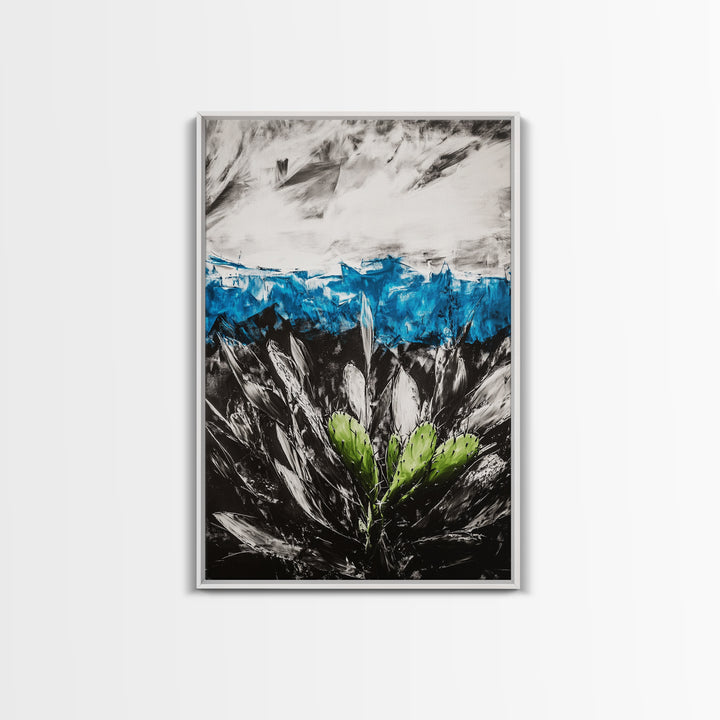 Desert Cactus Painting, Blue Sky Black White, Framed Canvas Print, Modern Southwest Art, Rustic Wall Decor, Minimalist Nature Art