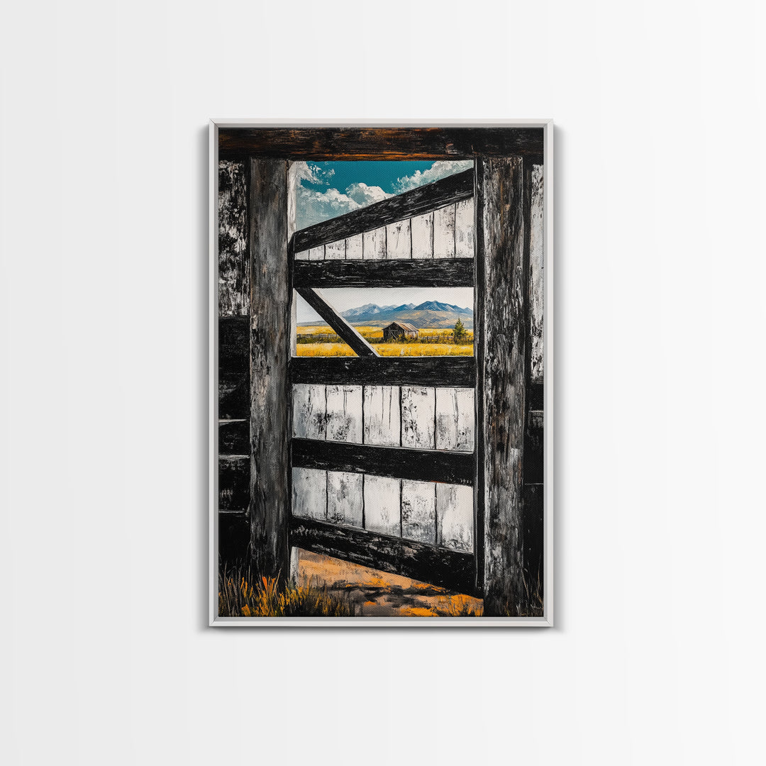 Barn Door View, Mountain Escape, Rustic Scene, Framed Canvas Print, Western Wall Art, Cabin Decor, Farmhouse Style, Country Living