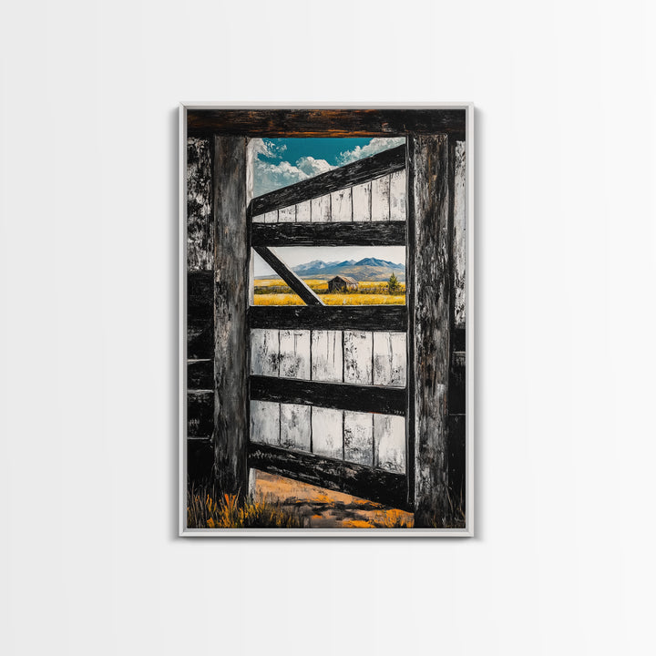 Barn Door View, Mountain Escape, Rustic Scene, Framed Canvas Print, Western Wall Art, Cabin Decor, Farmhouse Style, Country Living