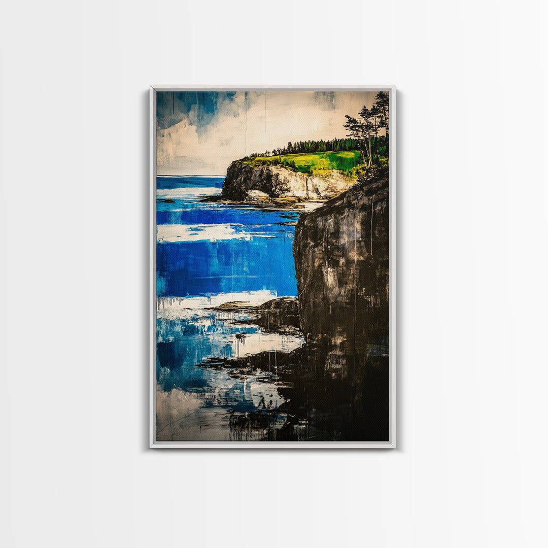 Coastal Cliff, Ocean Canvas Print, Nature Wall Art, Beach House Decor, Seascape Painting, Vibrant Blue Green Artwork, Office Art