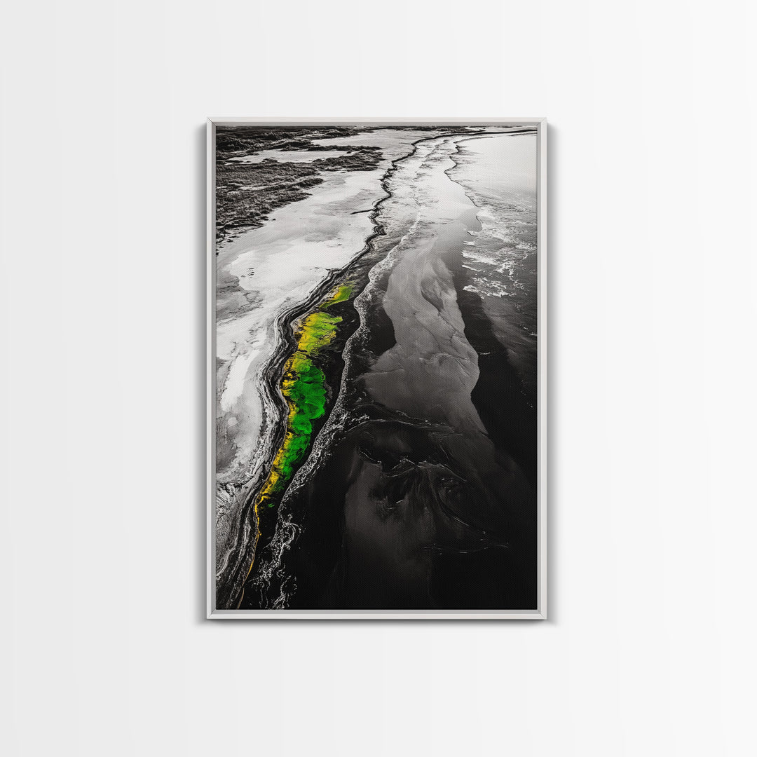 Abstract River, Nature Landscape, Modern Wall Art, Monochrome Print, Green Accents, Contemporary Art, Framed Canvas Print, Office Wall Decor