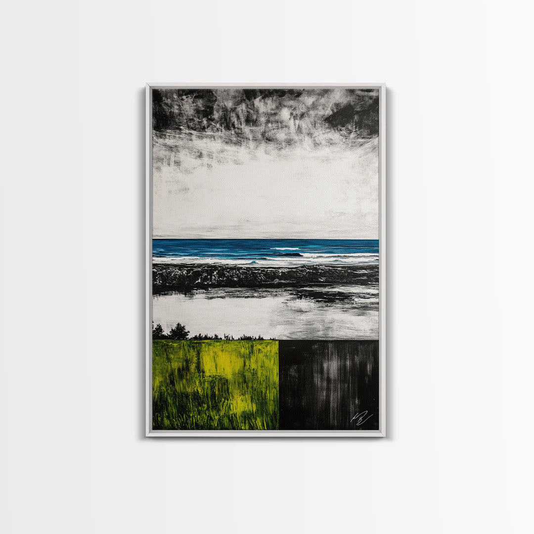 Ocean Horizon, Modern Seascape, Coastal Wall Art, Blue Waters, Black and White Art, Framed Canvas Print, Living Room Decor, Minimalist Art