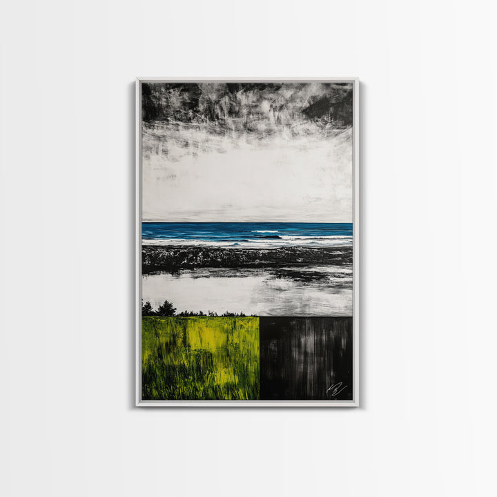 Ocean Horizon, Modern Seascape, Coastal Wall Art, Blue Waters, Black and White Art, Framed Canvas Print, Living Room Decor, Minimalist Art