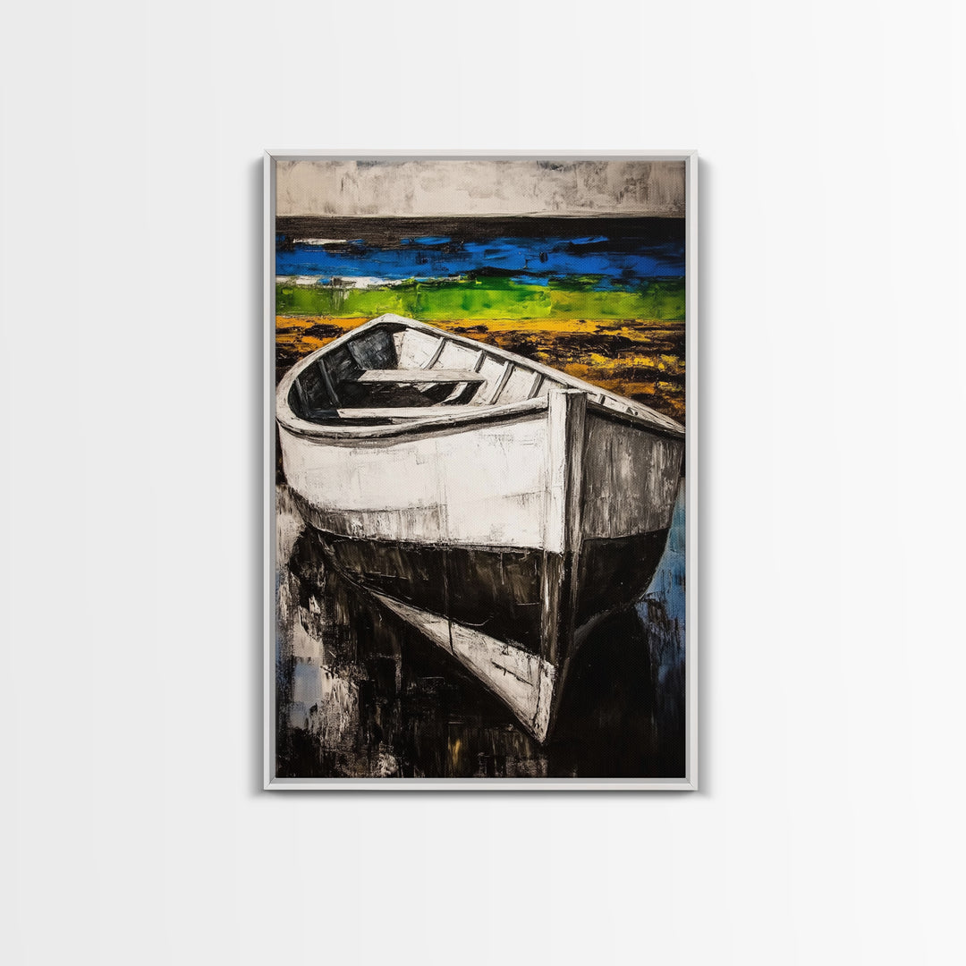 Coastal Rowboat, Black and White Boat Painting, Nautical Seascape Art, Rustic Beach House Decor, Framed Canvas Print, Bedroom Art