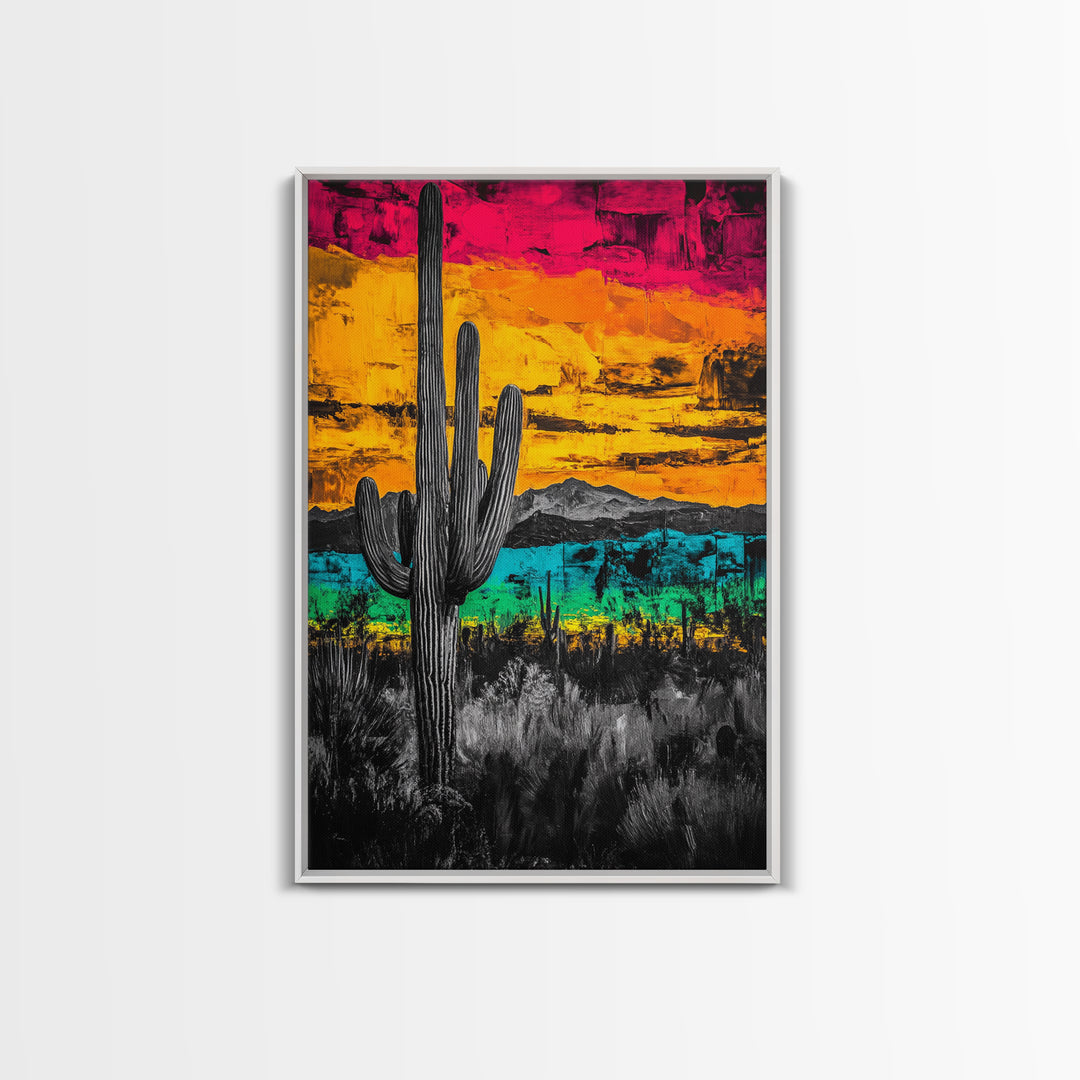 Desert Cactus, Vibrant Sunset Southwest Painting, Bold Desert Art, Framed Canvas Print, Western Home or Office Wall Decor