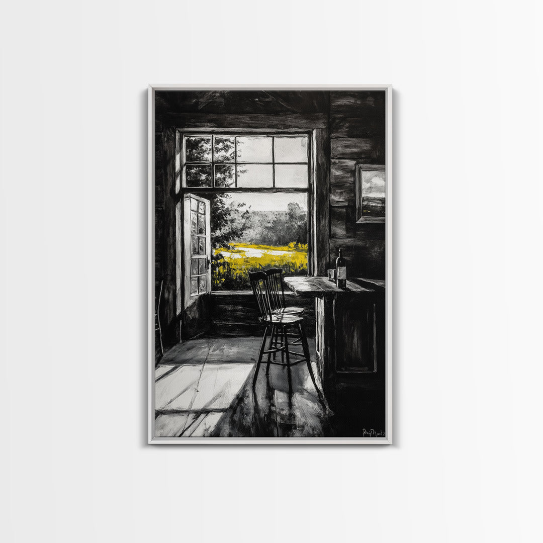 Rustic Cabin View, Black and White with Yellow Accents, Cozy Country Home Art, Framed Canvas Print, Living Room or Dining Room Decor