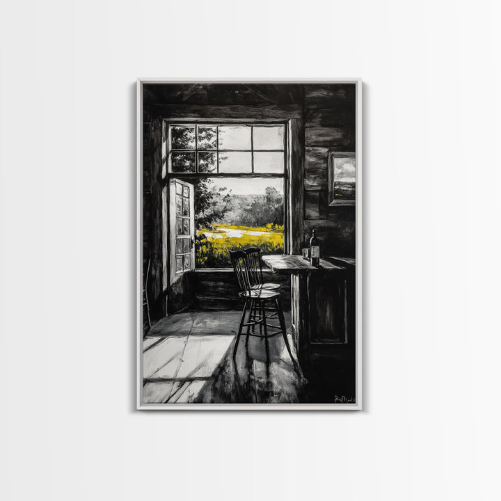Rustic Cabin View, Black and White with Yellow Accents, Cozy Country Home Art, Framed Canvas Print, Living Room or Dining Room Decor
