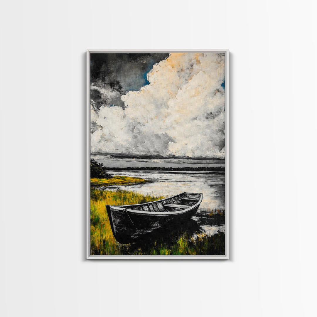 Rowboat Reflection, Rustic Lake Art, Black and White Boat Print, Tranquil Nature Scene, Living Room Wall Decor, Nautical Canvas Print