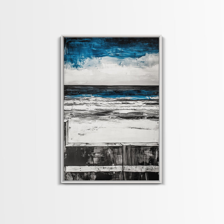 Ocean Horizon, Moody Sky Seascape, Coastal Art Print, Black and White Beach Decor, Modern Home Wall Art, Relaxing Framed Canvas Print