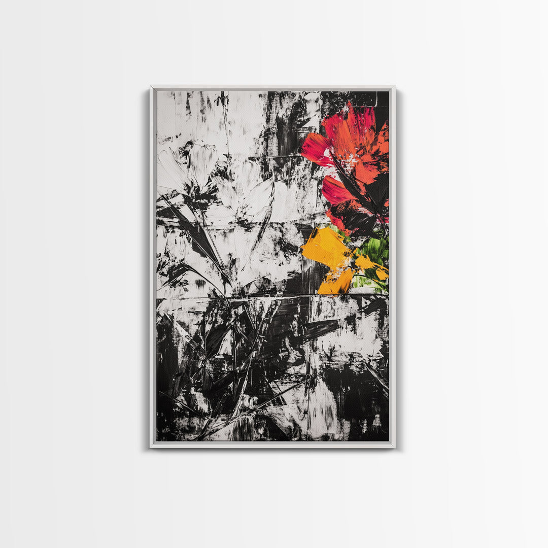 Abstract Flowers, Black and White, Red Floral Art, Bold Wall Decor, Modern Art, Framed Canvas Print, Minimalist Living Room Art
