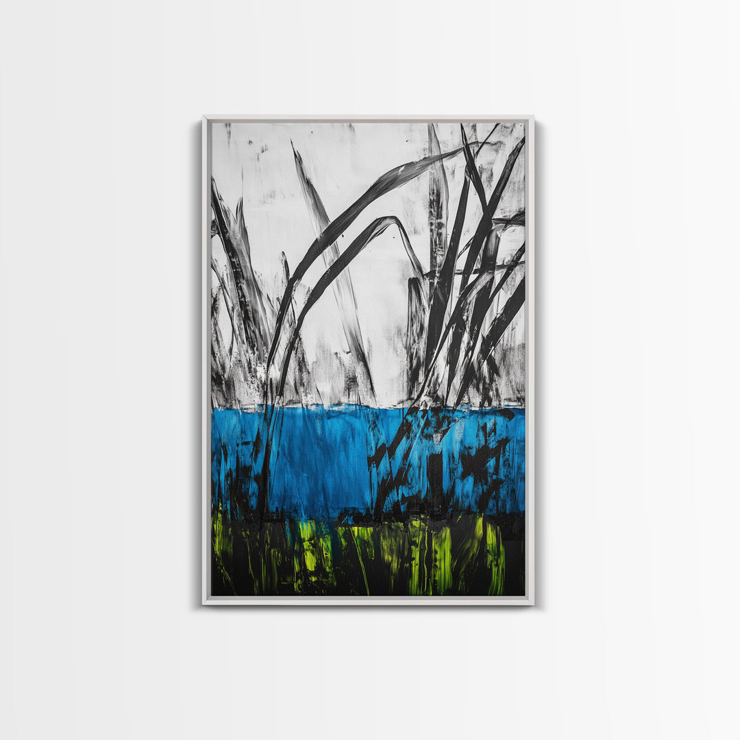 Abstract Grass, Blue and Green Art, Nature Inspired Wall Art, Minimalist Decor, Textured Canvas Print, Living Room Wall Art