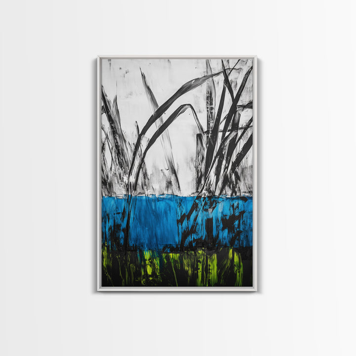 Abstract Grass, Blue and Green Art, Nature Inspired Wall Art, Minimalist Decor, Textured Canvas Print, Living Room Wall Art