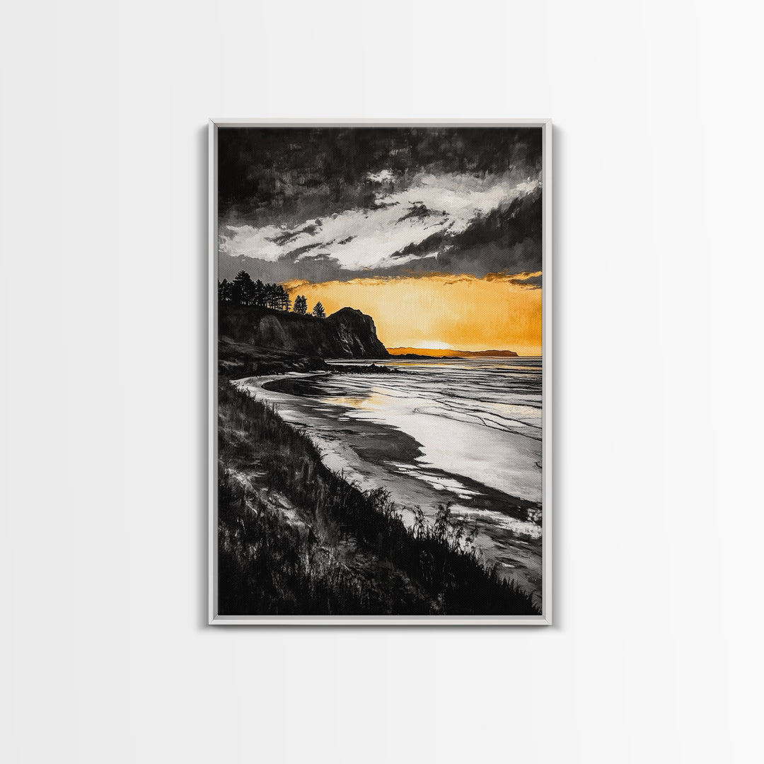 Cliffside Sunset, Golden Sky, Coastal View, Seascape, Framed Canvas Print, Modern Wall Art, Office Decor, Dramatic Landscape