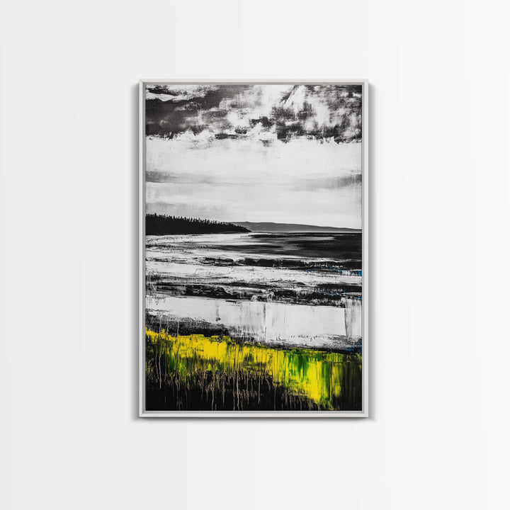 Coastal Shoreline, Misty Landscape, Black and White, Nature Print, Framed Canvas Print, Office Wall Art, Serene Seascape, Minimalist Art