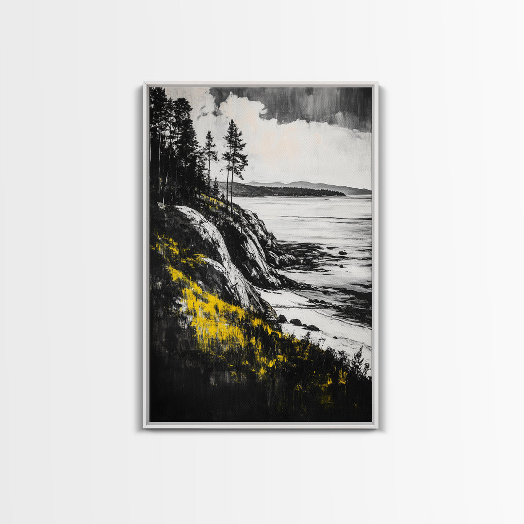 Rocky Coast, Pine Trees, Ocean View, Coastal Landscape, Canvas Print, Cabin Wall Decor, Rustic Home Art, Nature Inspired Painting