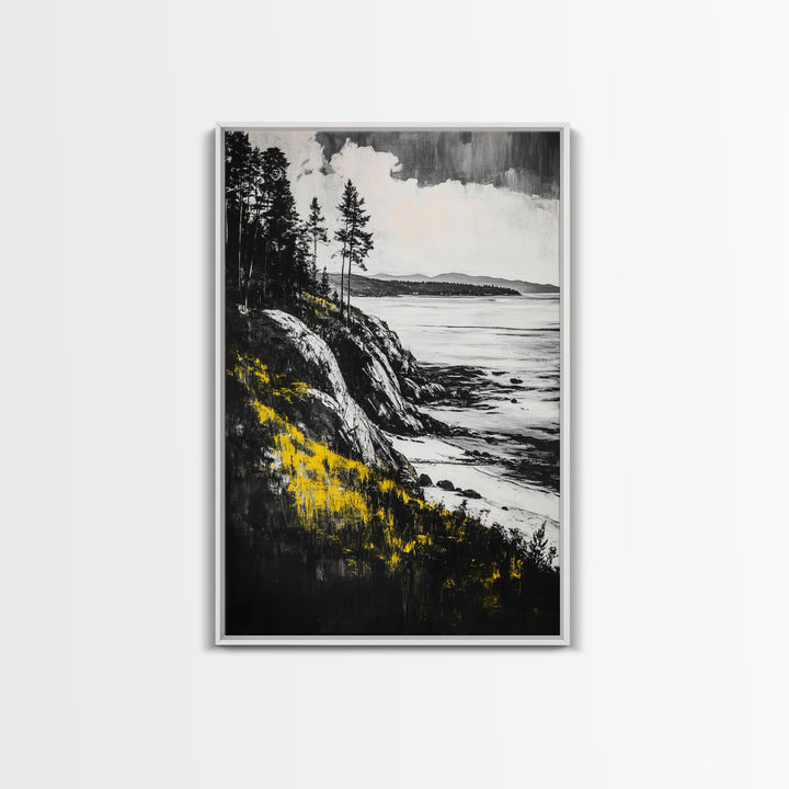 Rocky Coast, Pine Trees, Ocean View, Coastal Landscape, Canvas Print, Cabin Wall Decor, Rustic Home Art, Nature Inspired Painting