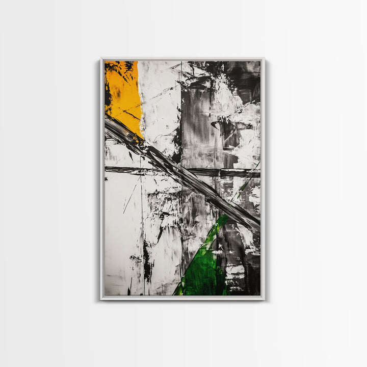 Abstract Expression, Modern Art, Black White Green, Framed Canvas Print, Contemporary Wall Art, Office Decor, Minimalist Painting