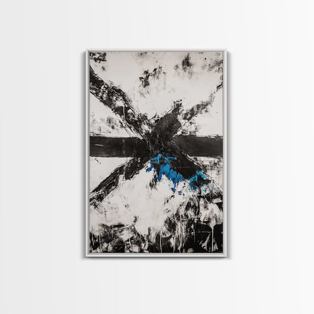 Black White Chaos, Modern Abstract, Bold Brush Strokes, Framed Canvas Print, Office Decor, Industrial Wall Art, Contemporary Art