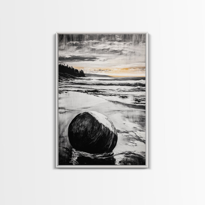 Rocky Beach, Sunset Landscape, Black White Gold, Framed Canvas Print, Coastal Wall Art, Nature Painting, Serene Home Decor