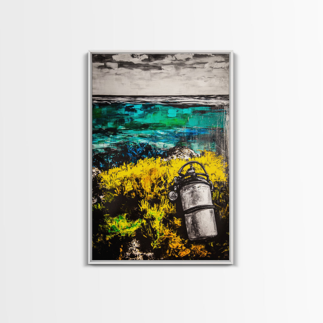 Coastal Lantern, Ocean Shore, Yellow Blue Art, Framed Canvas Print, Nautical Wall Art, Beach House Decor, Rustic Modern Art