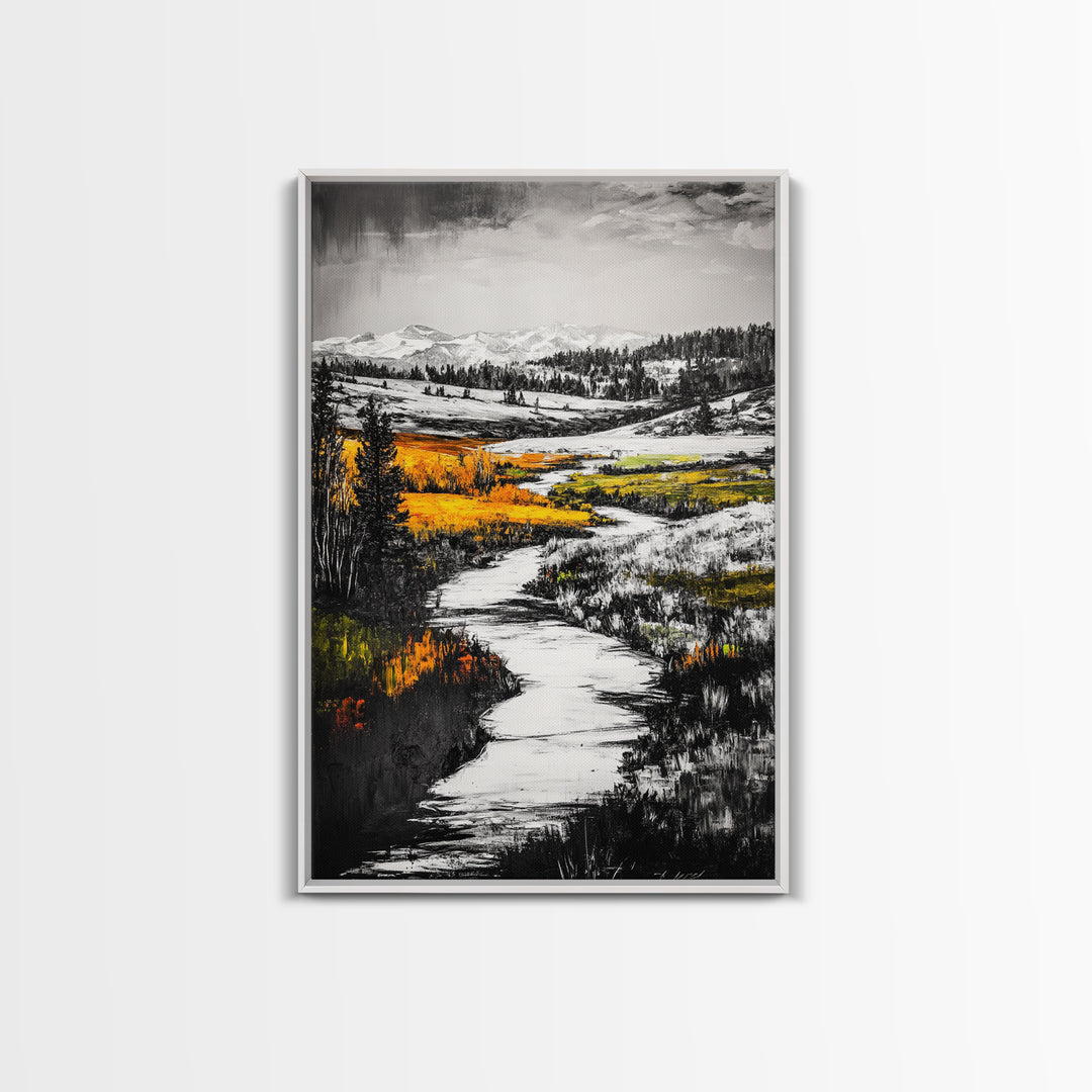 Autumn River, Fall Landscape, Black White Orange, Framed Canvas Print, Nature Wall Art, Cabin Decor, Rustic Home Painting