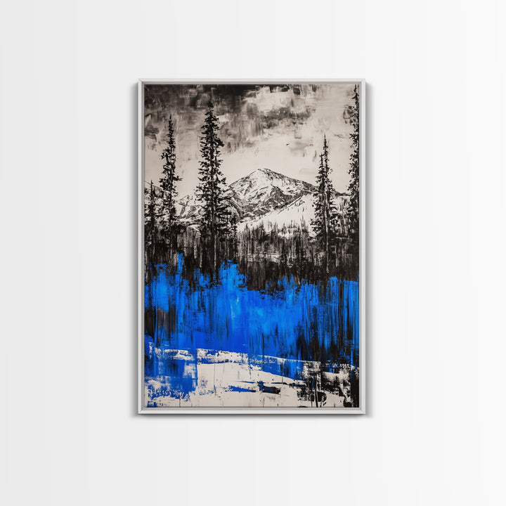 Mountain Wilderness, Winter Landscape, Blue Trees, Framed Canvas Print, Cabin Wall Art, Outdoor Lover Gift, Serene Nature Art